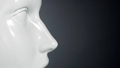 The white face of a mannequin on a dark background at close range. The profile of the face, eyes and nose. The concept of artificial intelligence. 3D rendering.
