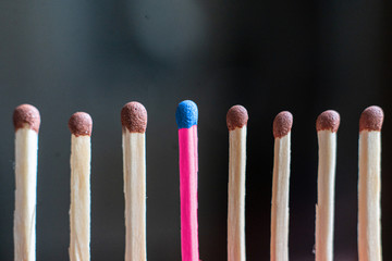 a single unique wooden match among the other regular ones, the teamwork idea