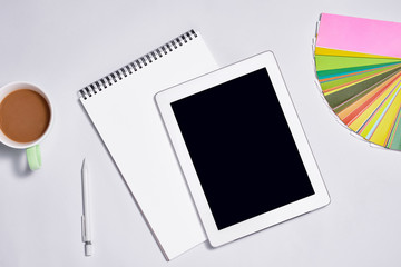 Stylish stationery with laptop on color background