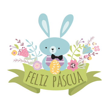 Colorful Happy Easter greeting card with flowers eggs and rabbit Bunny Title in Spanish