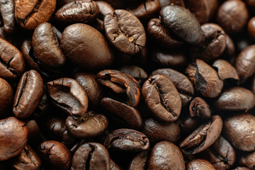 macro of roasted coffee beans background, the texture pattern