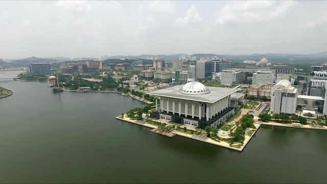 Aerial footage of Tuanku Sultan Mizan Zainal Abidin Mosque, Putrajaya, Malaysia. Also known as Masjid Besi or the Iron Mosque.