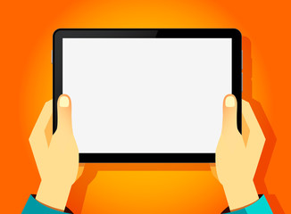 Hands holing tablet computer with blank screen. Using digital tablet pc, flat design concept. Eps 10 vector illustration