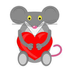 The cartoon animal mouse and red heart. Vector illustration. Clipart and drawing.