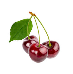 Cherry with leaf green isolated on white background with clipping path