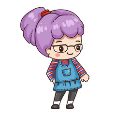 Vector illustration of cute chibi character isolated on white background. Cartoon little girl in denim sundress and long sleeve.