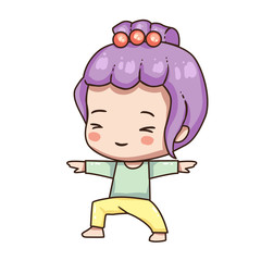 Vector illustration of cute chibi character isolated on white background. Cartoon girl in sport wear isolated on white background. Young girl in yoga pose.