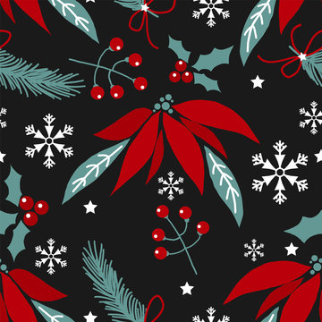 Christmas holiday season seamless pattern of Christmas flowers, pine branch with ribbon, holly berries with leaves, star and snowflakes on black background. Vector illustration.
