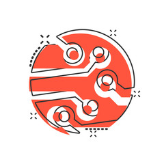 Circuit board icon in comic style. Technology microchip vector cartoon illustration pictogram. Processor motherboard business concept splash effect.