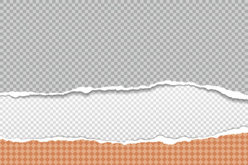 Torn, ripped piece of horizontal grey and orange paper with soft shadow are on white squared background. Vector illustration
