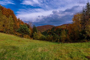 Fototapeta premium Polish autumn landscape in Mountains and blue sky