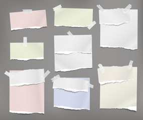 Torn white and colorful note, notebook paper pieces stuck with sticky tape on grey background. Vector illustration