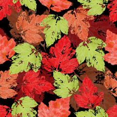 Pattern seamless with colored foliage on black background, for material, postcards, invitations, greeting cards, clothes, paper, holiday, wallpaper, textile. Painted in watercolor