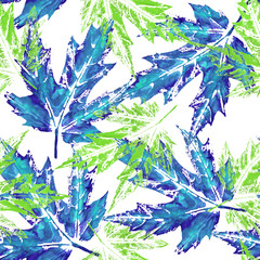 Pattern seamless with green blue leaf maple on white background, for material, postcards, invitations, greeting cards, clothes, paper, holiday, wallpaper, textile. Painted in watercolor