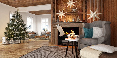 New year tree in scandinavian style interior with christmas decoration and fireplace