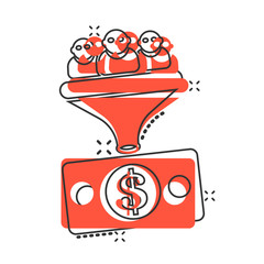 Lead management icon in comic style. Funnel with people, money vector cartoon illustration pictogram. Target client business concept splash effect.