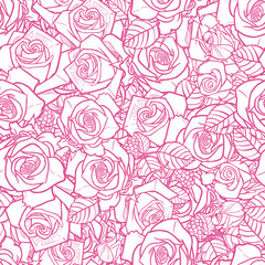 Vector pink and white roses and berries flowerbed outline seamless pattern. Perfect for romantic backgrounds, wrapping paper and fabric.