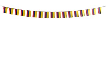 Obraz premium cute many Colombia flags or banners hanging on rope isolated on white - any celebration flag 3d illustration..