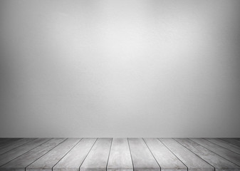 Wood table top with concrete wall background. Used for product placement or montage.