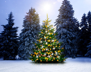 Leuchtender Weihnachtsbaum im Schnee bei Nacht an Heiligabend
