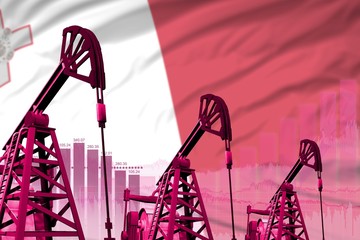 industrial illustration of oil wells - Malta oil industry concept on flag background. 3D Illustration