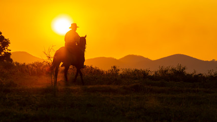 Fototapeta na wymiar A lonely Cowboy riding horse at sunset.