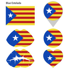 Blue Estelada, icon set. Correct proportions, lips, map pointer, heart. Vector illustration on white background.