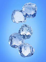 falling ice cubes on a blue background