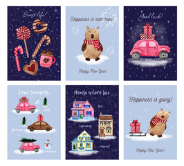 Set of Christmas / New Year cards. Cute pictures. Best gift for close people. Watercolor illustration. Hand drawn illustration