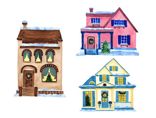 Set of Christmas houses. Watercolor illustration. Hand drawn illustration