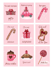 Set of Christmas / New Year cards. Cute pictures. Best gift for close people. Watercolor illustration. Hand drawn illustration