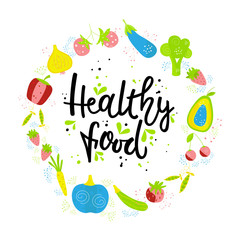 Hand drawn HEALTHY FOOD. Vegetables and fruits on white background with black lettering. The design concept of healthy food, vegetarian, yoga. Vector illustration EPS 10