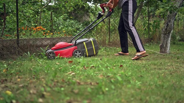 Woman working with electic mower machine in the garden. Lawn mower cutting green grass outdoors.