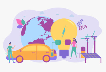 People charge an electric car at a charging station with the help of eco-koleski extracted energy. Charging an electric car. Colorful vector illustration