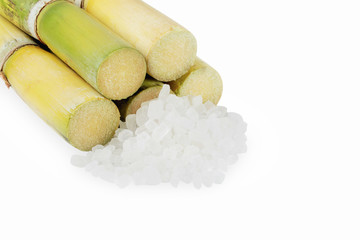 Close up Sugarcane, Fresh sugar cane  with rock candy isolated on white background.This has clipping path.                               