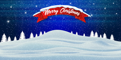 Merry Christmas and Happy New Year. Winter snowy landscape with pines and hills. Vector illustration.