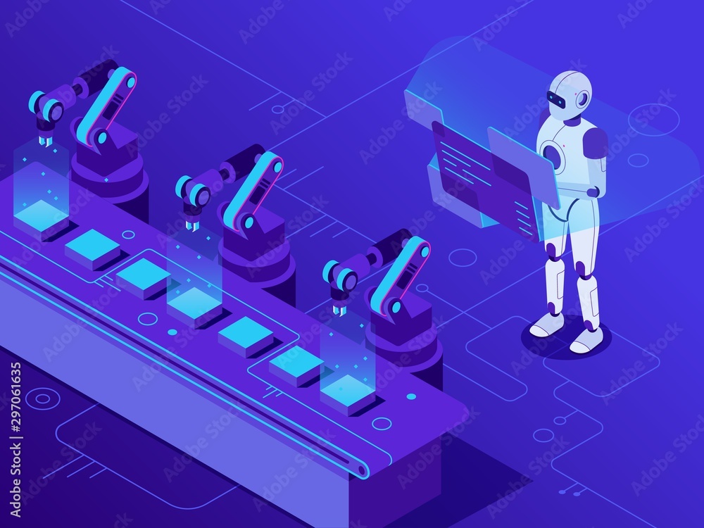 Poster manufacturing automatization. artificial intelligence controls automated conveyor and robotized indu