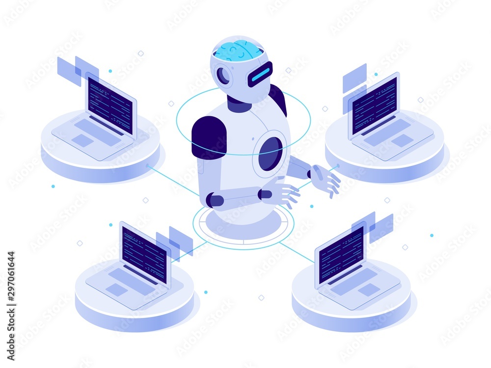 Poster artificial intelligence network. virtual ai bot, chat with computer assistant and machine learning. 