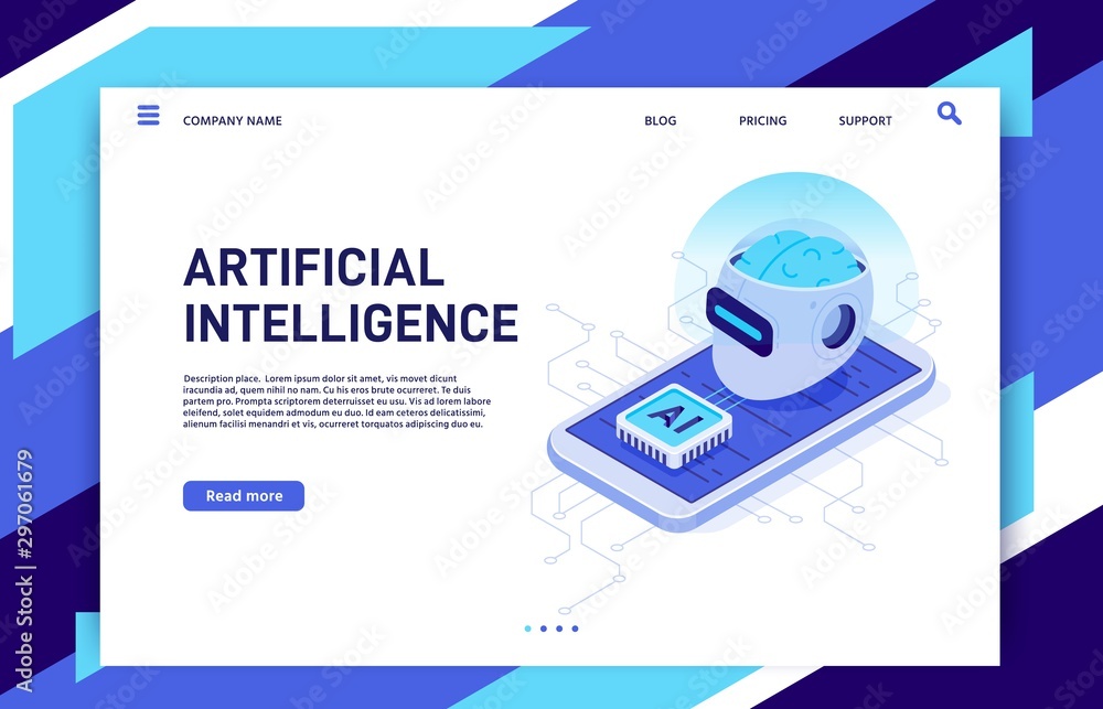 Poster isometric mobile artificial intelligence. ai smartphone, digital brain technology and neural network