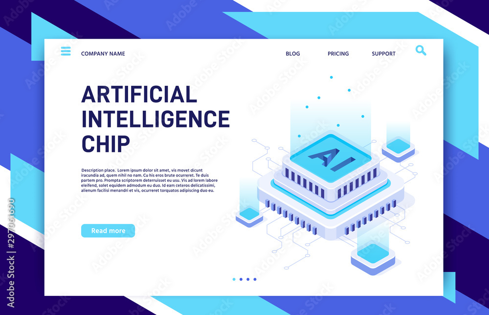 Poster artificial intelligence chip. machine learning technology, computer electronics and ai systems landi