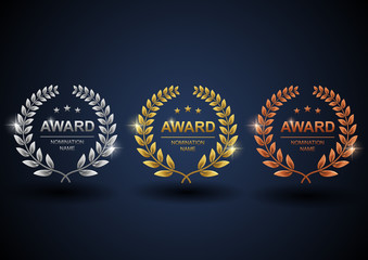 Set of gold, silver and bronze laurel wreath. Winner label, leaf symbol victory with blue background. Vector illustration