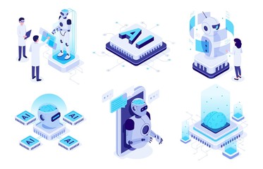 Isometric artificial intelligence. Digital brain neural network, AI servers and robots technology, artificial bot mind and intelligent robotic building. Isolated vector illustration icons set - obrazy, fototapety, plakaty