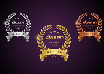 Set of gold, silver and bronze laurel wreath with golden ribbon. Vector illustration