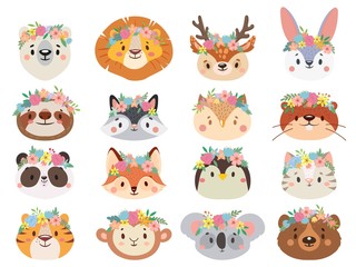 Obraz premium Funny animals in flower wreaths. Happy animal head with flower, fun cat and pet face in wreath. Pets and forest animals character face in flower crown stickers. Isolated vector icons set