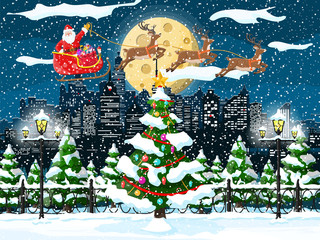Santa claus rides reindeer sleigh. Christmas winter cityscape, fir tree, buildings. Happy new year decoration. Merry christmas holiday. New year and xmas celebration. Vector illustration flat style
