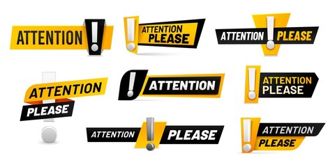 Attention please badges. Important message, warnings frames with exclamation point and black and yellow attention badge. Important word, danger announcements information. Isolated vector icons set - obrazy, fototapety, plakaty