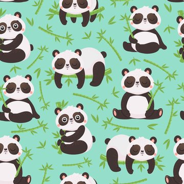 Panda and bamboo seamless pattern. Cute pandas animals, wild bamboo forest bear and sleeping baby panda. Child room interior wallpaper, gift wrapping or pandas fabric vector illustration