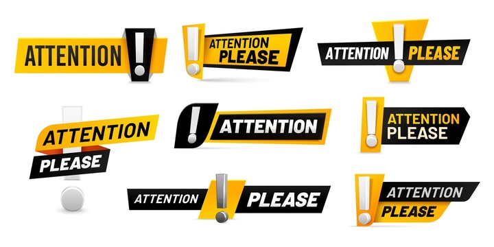 Attention Please Badges. Important Message, Warnings Frames With Exclamation Point And Black And Yellow Attention Badge. Important Word, Danger Announcements Information. Isolated Vector Icons Set