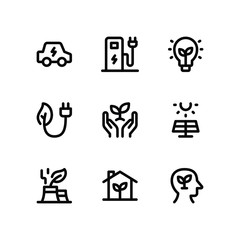 Simple Set of Ecology Vector Line Icons including electric car, charging station, eco bulb, eco plug, eco care, solar cell, green factory, eco home. Editable Strokes