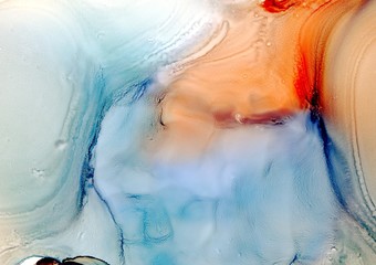 Abstract illustration in alcohol ink technique. Blue and orange red sand texture. Wash drawing effect wallpaper. Modern illustration for card design, creative banners and ethereal graphic design. - 297062853
